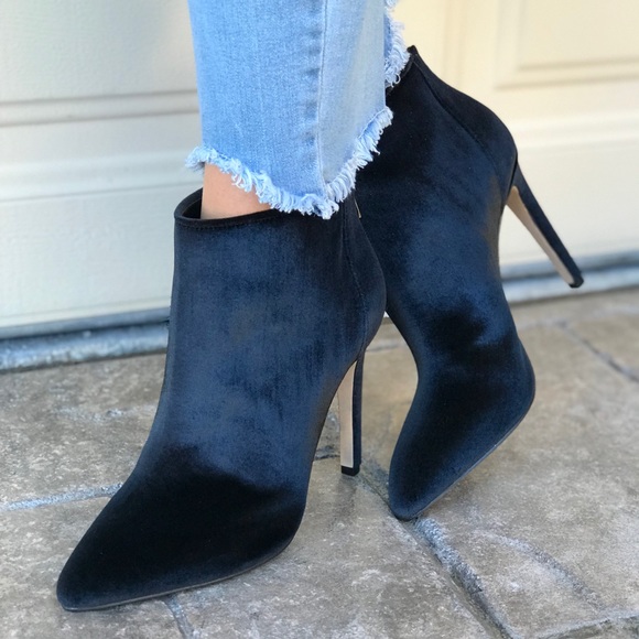 Black Velvet Pointy Toe Stiletto Heel Ankle Boots - Picture 3 of 8